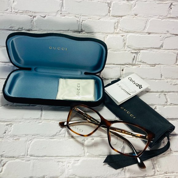 Gucci Rectangular Brown Havana And Gold Eyeglasses Glasses Frames - Picture 2 of 13